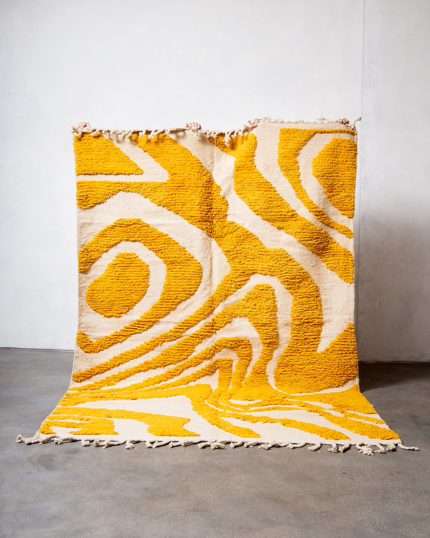 Modern, designer, handcrafted Berber rug from Morocco. Beniourain carpet with beautiful colours and patterns and fluffy wool texture.